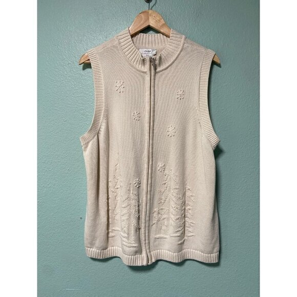 Vintage CJ Banks Women's Cream Chunky‎ Tree Holiday Sweater Vest Zip Size 1x - Picture 1 of 12